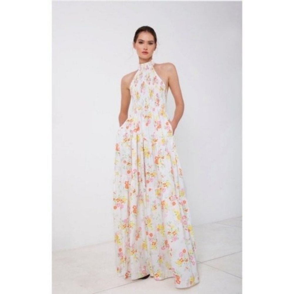 S/W/F Shirred Floral Print Halter Sleeveless Tiered Garden Party Maxi Dress SWF